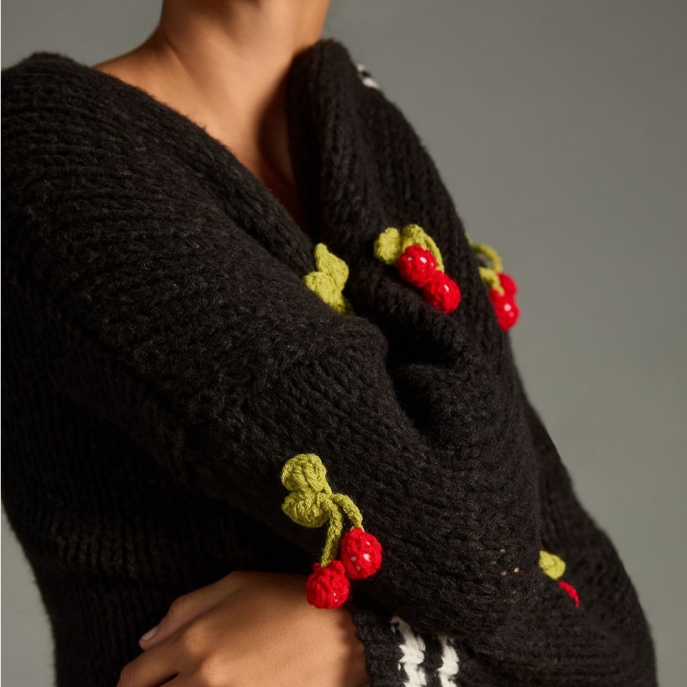 Anthropologie Maeve Black Varsity Cardigan Sweater 3D Cherry - Picture 4 of 8
